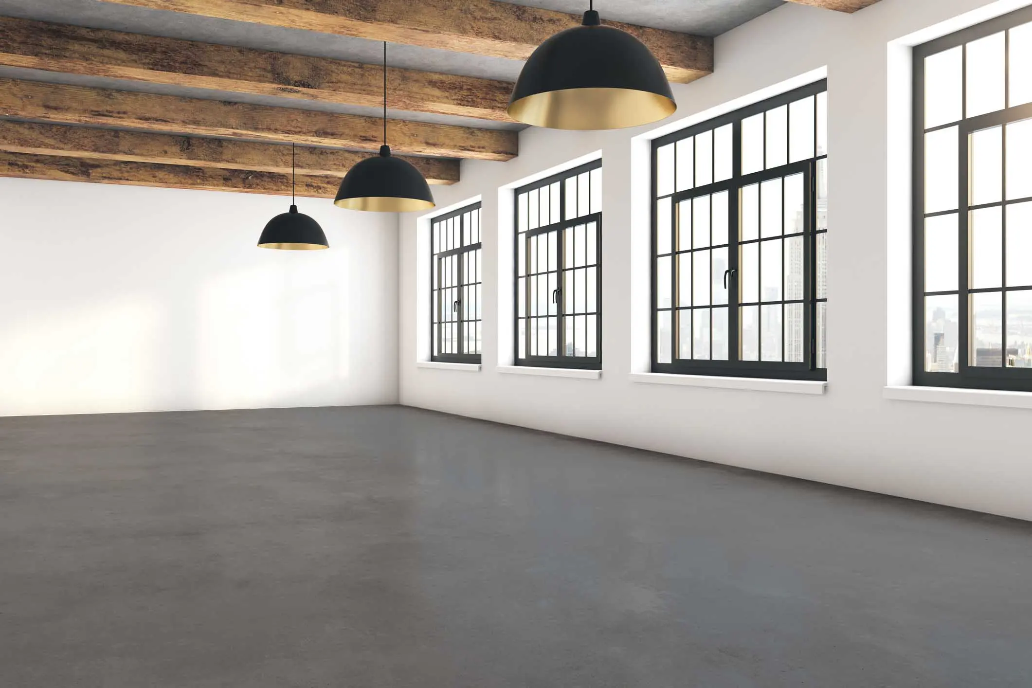 Large living room with wooden beams and ready-to-use microcement flooring